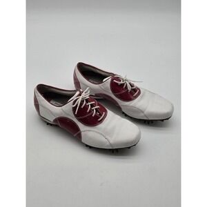 FootJoy LoPro Golf Shoes Womens 8.5 White Red Leather Spiked Saddle Cleats 97133